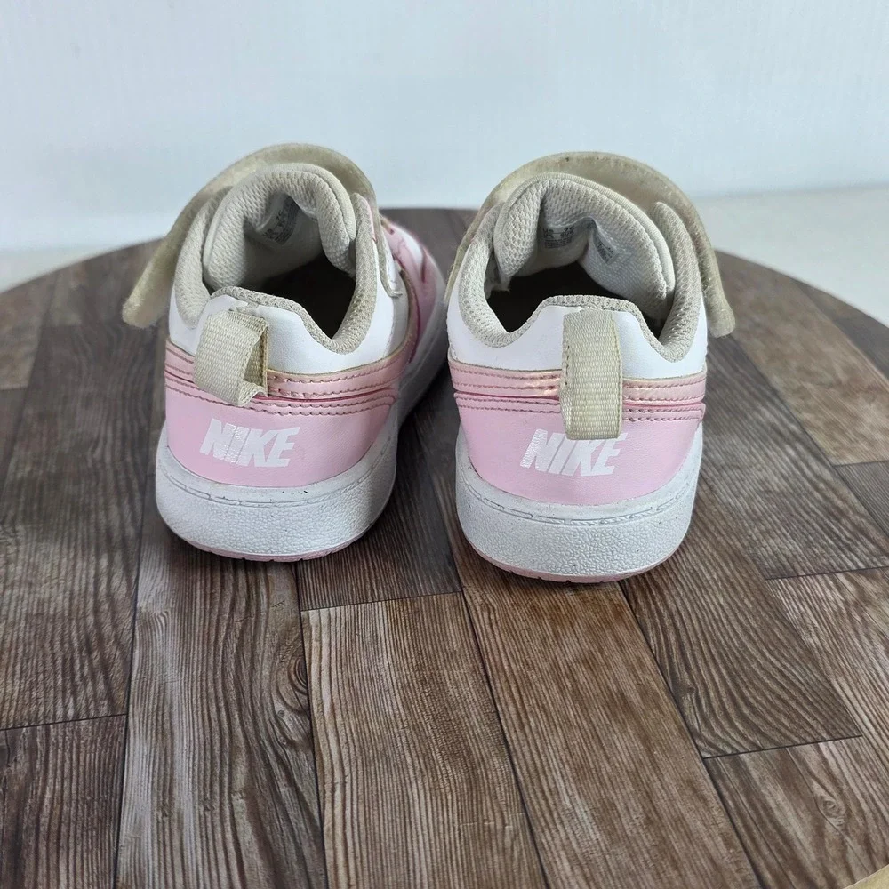 Nike Court Borough Low 2 Toddler Kids 7C Pink White Hook Loop Strap Sneakers